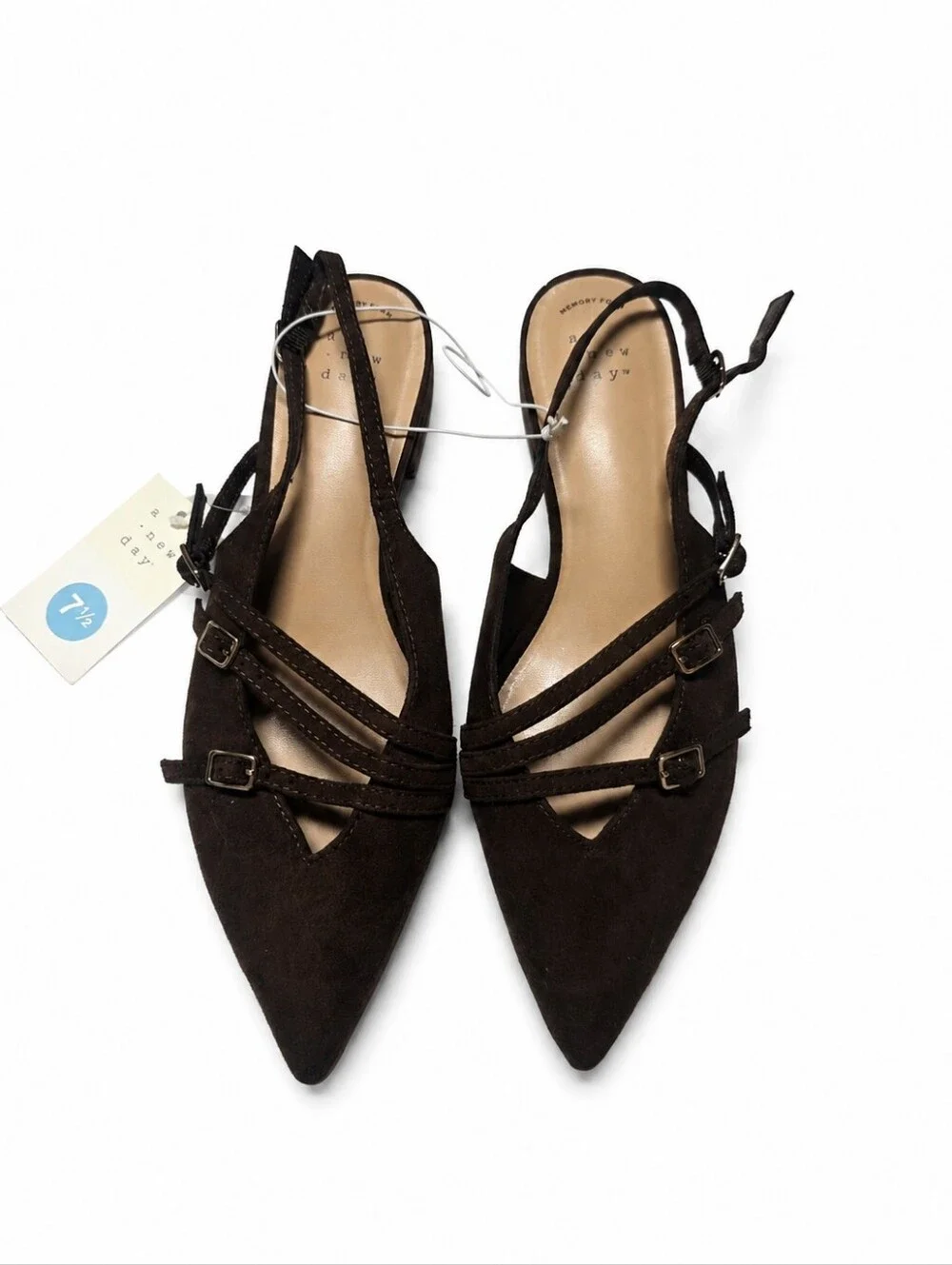 A New Day Twiggy Brown Multi Buckle Pointed Toe Flats Size 7.5 NWT